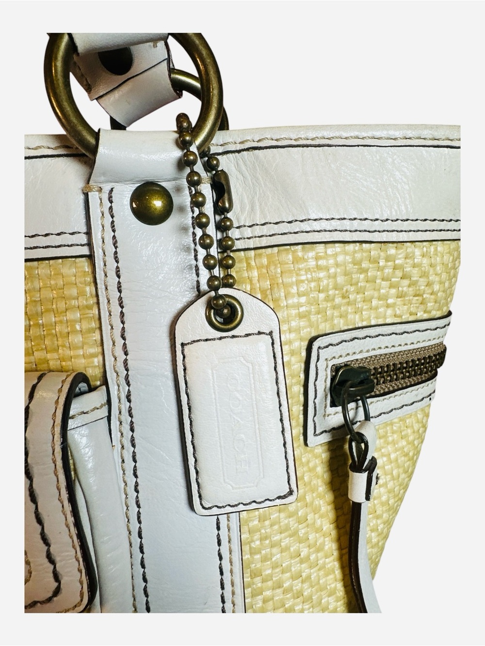 Coach Vintage Legacy Woven Straw White Leather Tote Bag - Picture 7 of 14